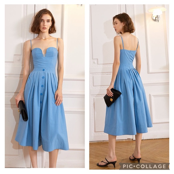 AEL Amy Enjoy Life Studio Marion Bustier Blue Button A-Line Midi Dress Size M - Picture 11 of 12